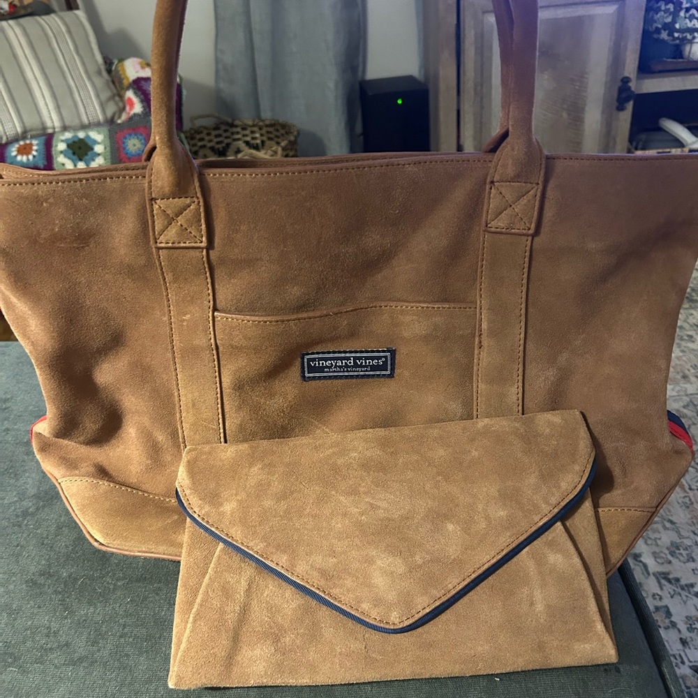 Vineyard Vines Tan suede Tote Bag with Matching Clutch
